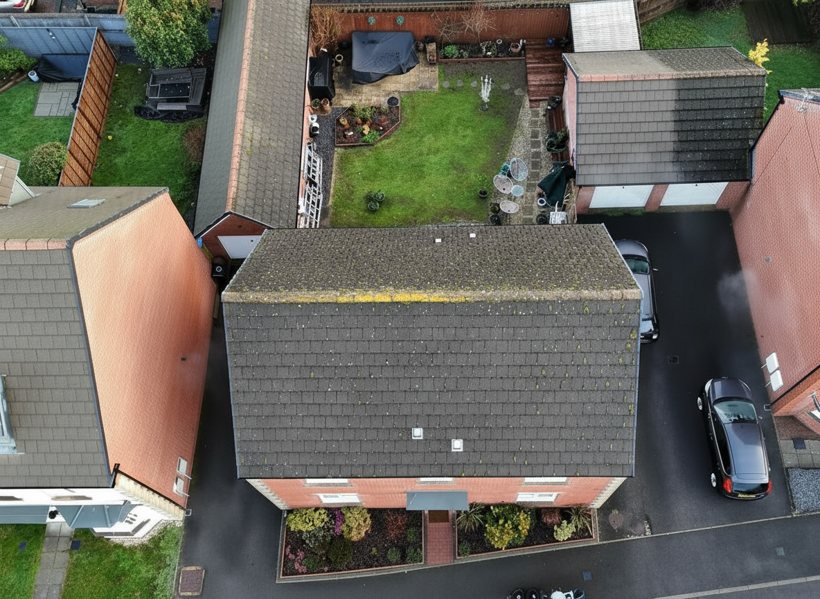 Mossy roof before cleaning drone view